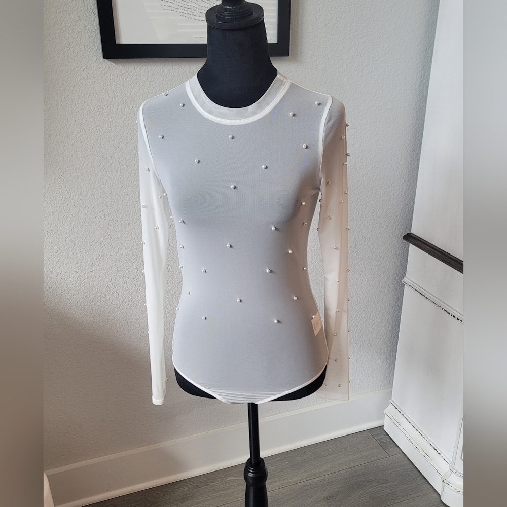 Francesca's Collections Sheer Pearl Bodysuit White NWT